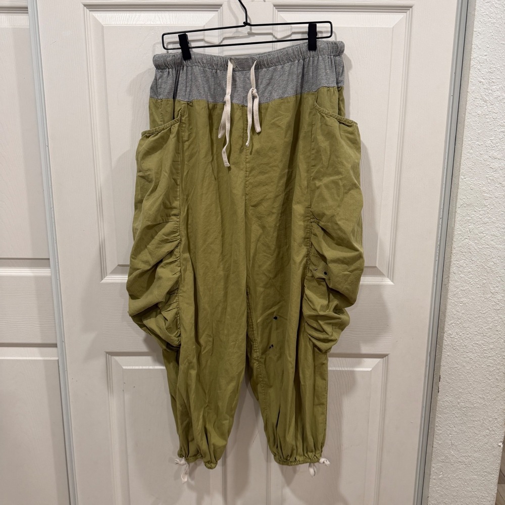 Free People Green Harem Jogger Pants Ruched Baggy Boho Olive Gray Waistband - Picture 2 of 11